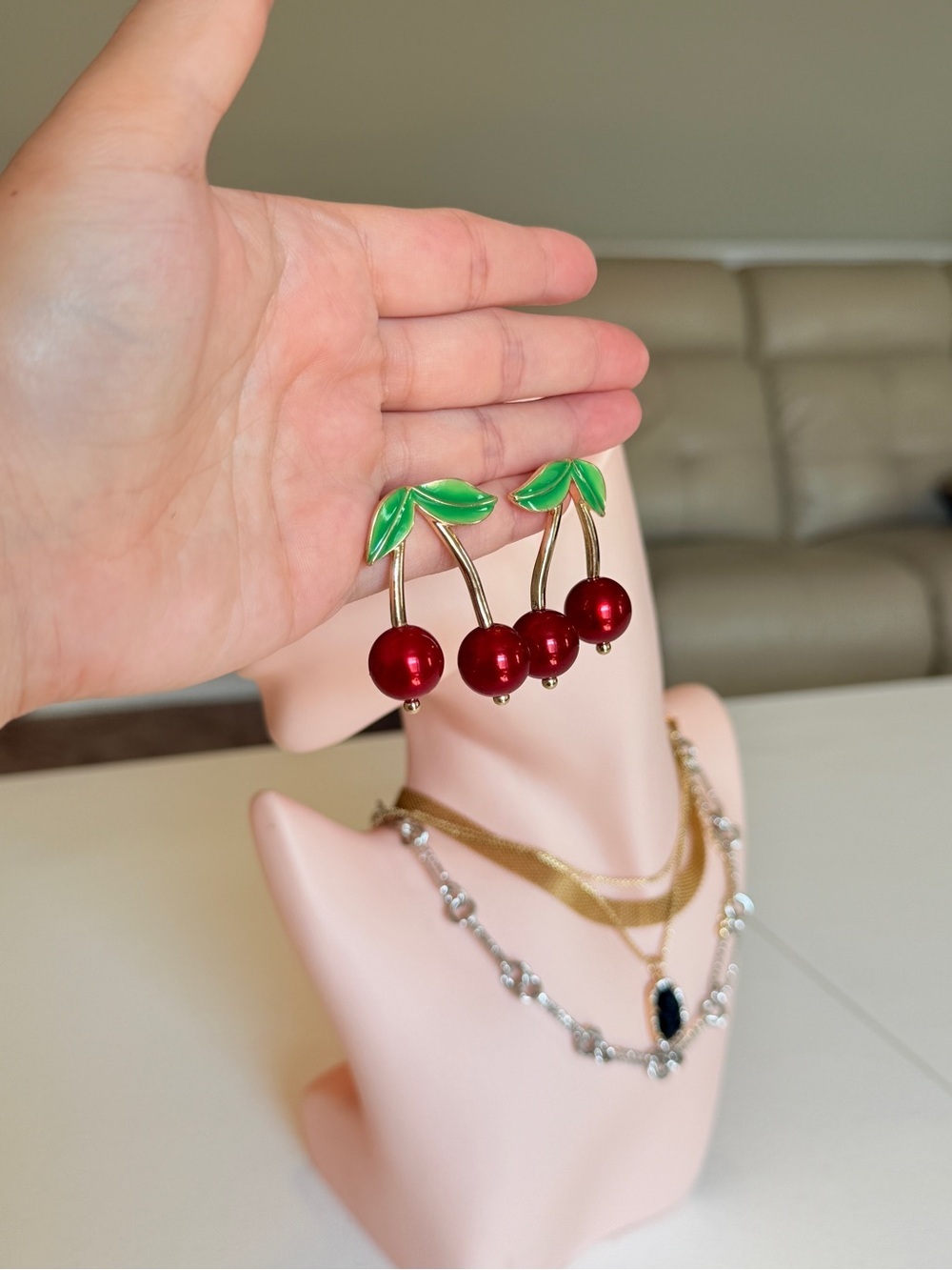 Cherry Drop Dangle Earrings in Red and Green - Picture 9 of 9